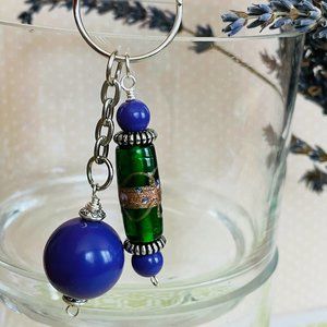 Artisan Handmade Green/Purple Beaded Keychain/Keyring 3” OS NEW